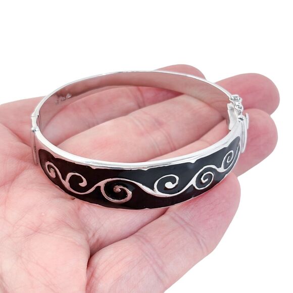 Vintage Sterling Silver 925 Black Enamel Hinged Bangle Bracelet 6.5" - Picture 1 of 9
